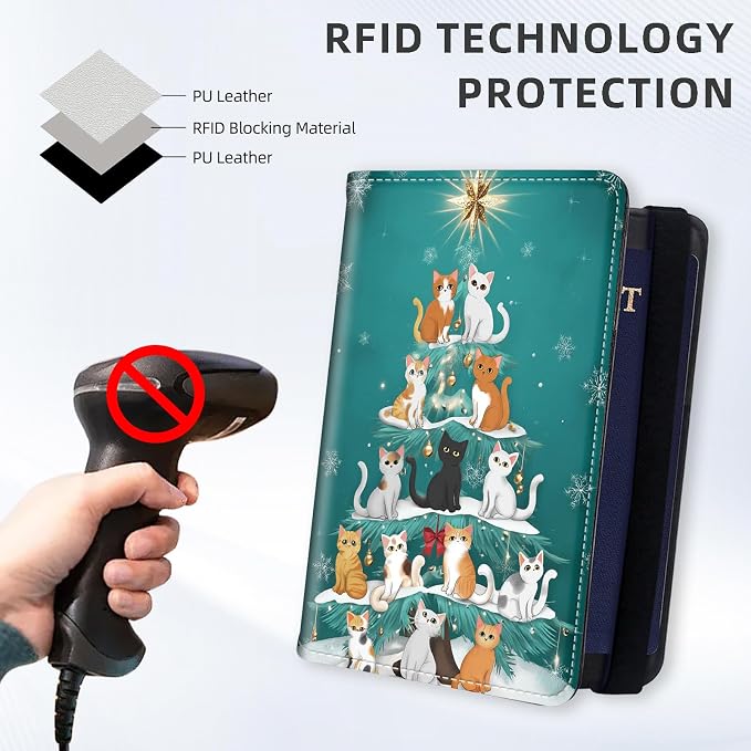 [Christmas Cat Tree Ultra-Slim Passport Holder Wallet with Pen Loop, RFID Blocking Faux Leather Travel Passport Cover, Compact Boarding Pass & Card Case Organizer for Women & Men