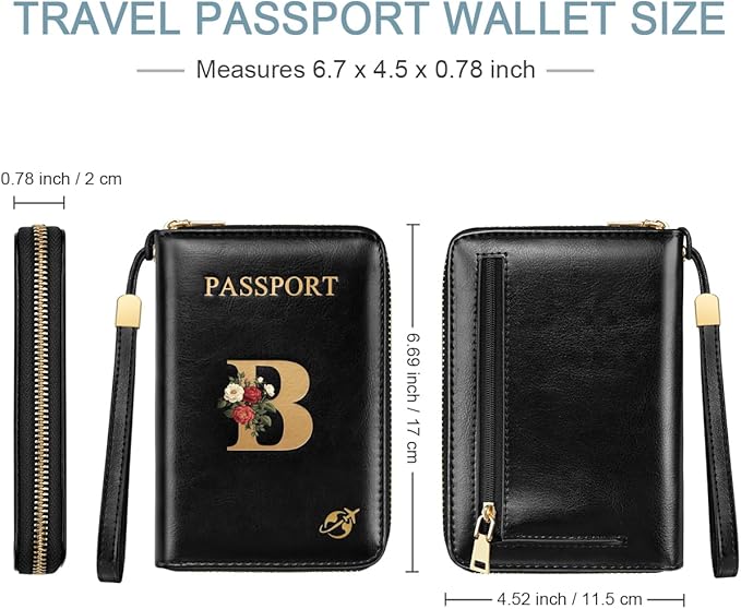 Passport Holder Cover Wallet with Zipper Personalized Initial Letter B Rose Flower RFID Blocking Travel Wallets Credit Cards Holder for Women, Gift for Wife and Girlfriend,B