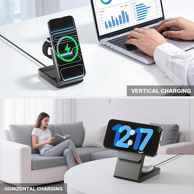 3 in 1 Wireless Charger Station for Multiple Devices, Foldable Magnetic Charging Stand, Portable Fast Travel Wireless Charger for iPhone17/16/15/14/13/12 Pro Max/ AirPods2/3/4 and IWatch Ultra Series
