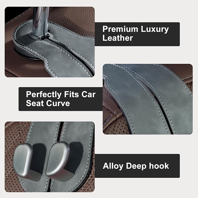 CoBak Purse Hook for Car - Universal Premium Stitched Leather and Aluminum-Magnesium Alloy Double Car Seat Back Storage Hook for Purses, Handbags, Bags (2 Pack),Gray