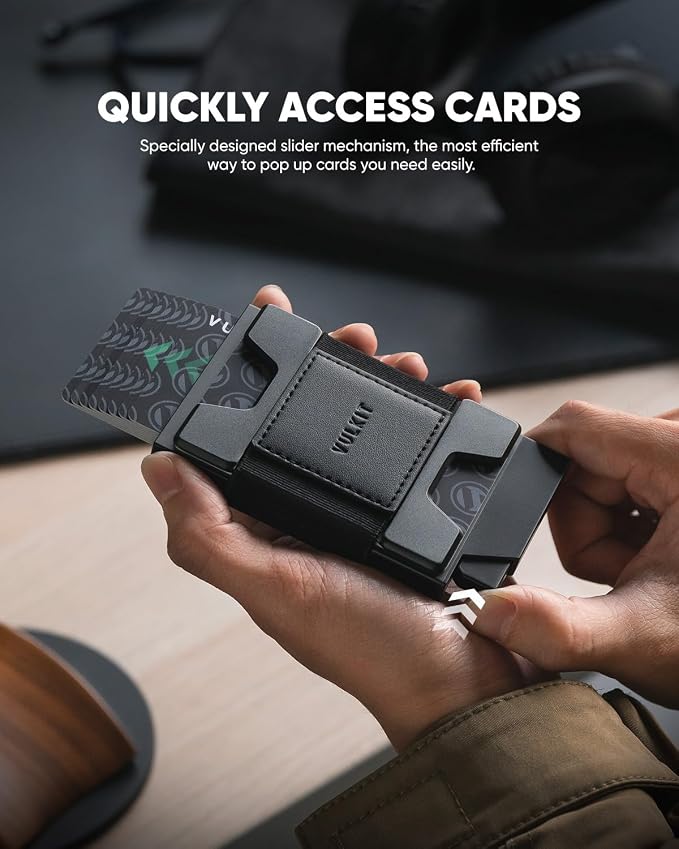 VULKIT Minimalist Pop Up Wallet RFID Blocking Aluminum Credit Card Holder with Expandable Backplate, Holds 12 Cards and Cash for Men and Women Black
