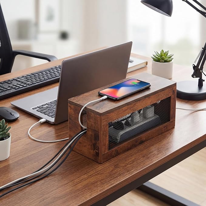 Chunful Extra Large Cable Management Box, 16'' Wood Cord Hider Organizer with Magnetic Lid & Organizer for Power Strip, TV Wires & Desk Cable Storage, Ventilation Hide Floor Cables (Rustic Brown)