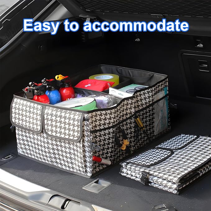 Mandark Car Trunk Organizer, Collapsible Multi Compartment Vehicle Storage Box, Waterproof Adjustable Automotive Organization Container Accessories, Universal for SUV, Sedan, Truck (Checkerboard)