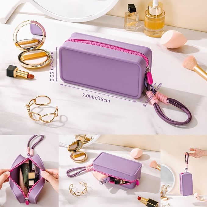 Travistar Silicone Travel Makeup Bag - Small Make Up Pouch Portable Cosmetic Bag Travel Makeup Organizer Bag Waterproof Toiletry Bag Womens Brush Holder Bag with Zipper Closure Small Size Purple