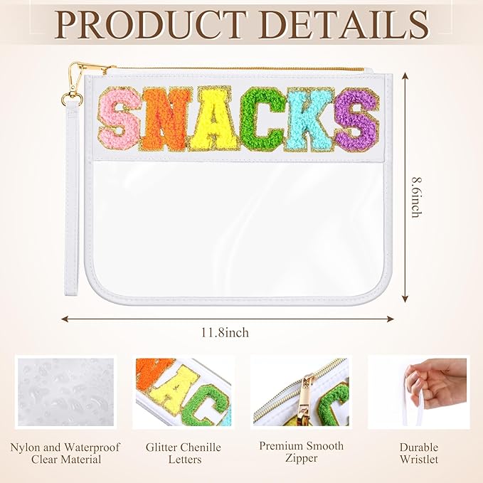 Abbylike 12 Pcs Snack Bags Clear Chenille Letter Snacks Zipper Pouch Waterproof PVC Large Travel Makeup Cosmetic Storage Organizer Bag for Mom Team Cheerleaders Teacher (White)