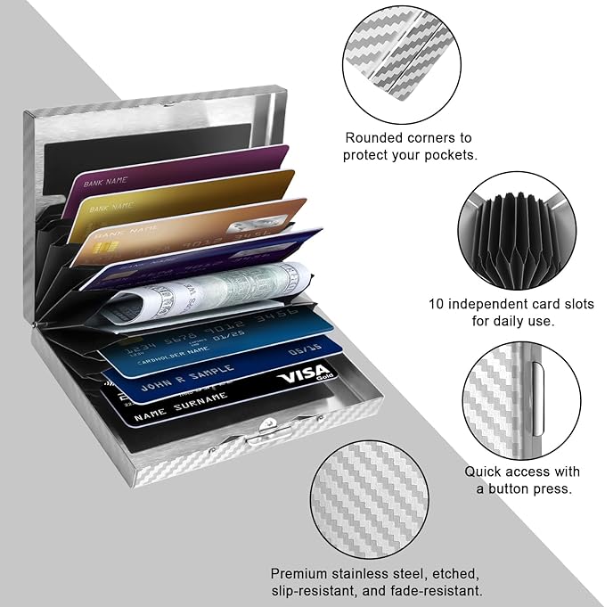 Textured Stainless Steel RFID Card Holder – Anti-Slip Etched Metal Credit Card Case with Unique Chevron Pattern – Slim Wallet for Men & Women (Gold Finish)