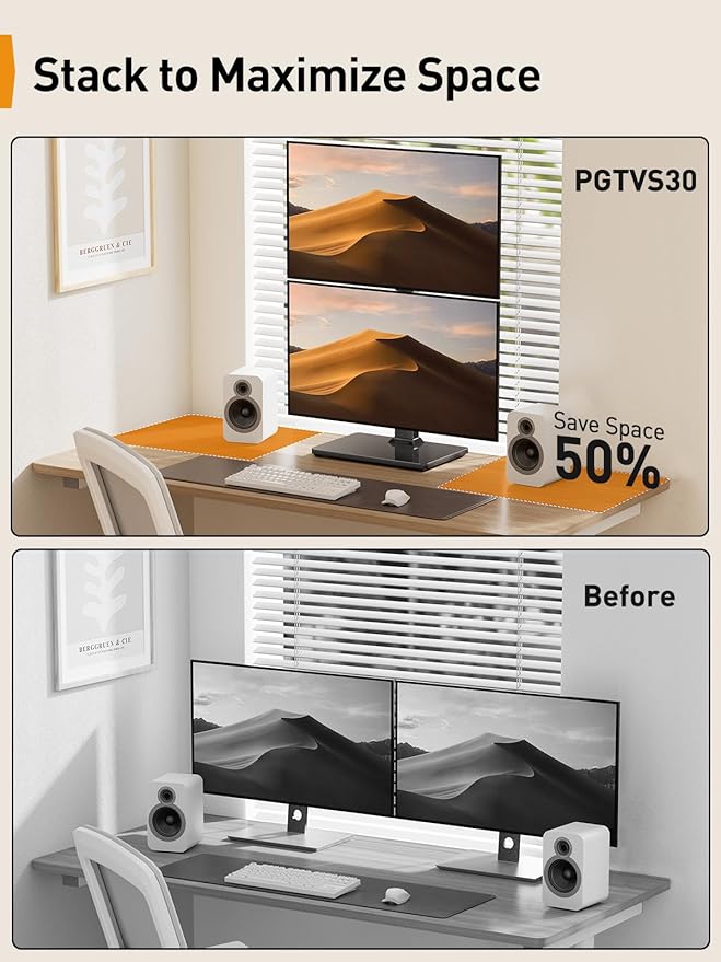 Perlegear Dual Vertical Monitor Stand for 13-40 inch Screen, 13 Height Settings, Dual Computer Stand with 360 Degree Rotation, Up to 44 lbs, Max VESA 100x100mm, PGTVS30
