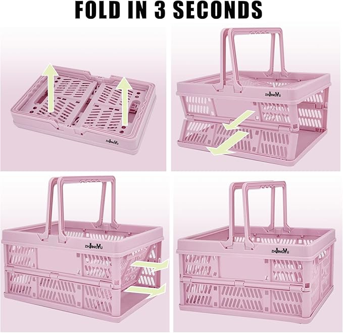 Pink Plastic Baskets with handles,2-pack Collapsible crates for storage,14.96"x9.84"x7.87" foldable shopping basket ,foldable crate with Handles for car Classroom Kitchen Bathroom Medicine Milk