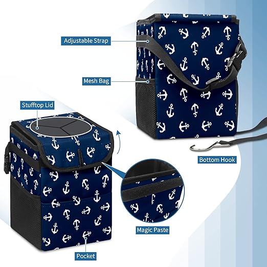 Car Trash Can Nautical Anchor Navy Blue Auto Garbage Bag Car Trash Can with Lid Leak-Proof Car Storage Bag Auto Garbage Bag Hanging for Headrest Collapsible and Portable with Storage Mesh Pocket