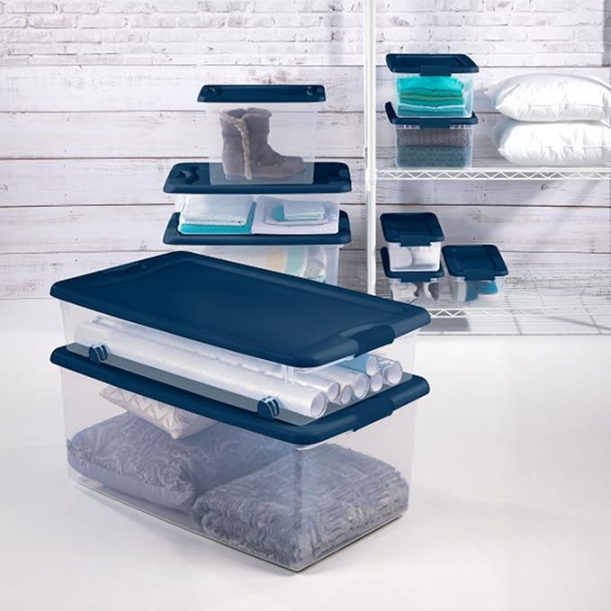 Sterilite 12-Pack Color Program, Large Clear Plastic Storage Bins with Lids, 64 Quart, Blue - Stackable Organizing Container Boxes for Closet, Bathroom, and Office