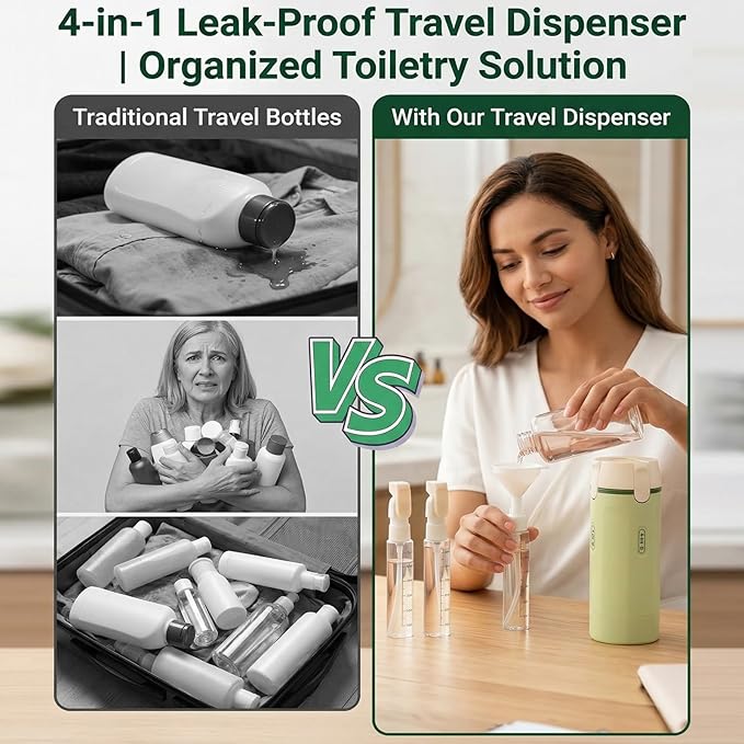 4 in 1 Travel Dispenser Bottle Set, Leakproof TSA Travel Size Containers for Toiletries, Portable Refillable Bottles, Hard Shell Rotating Design with Scale and Labels