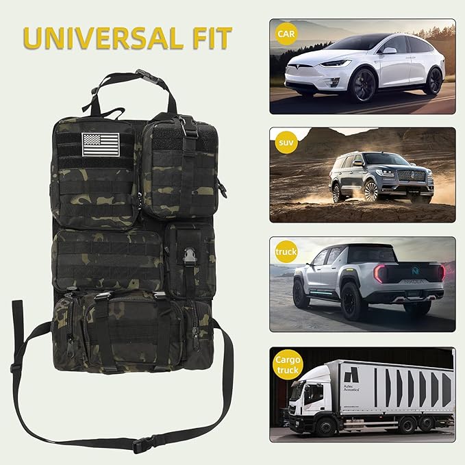 Tactical Car Seat Back Organizer,Tactical Molle Seat Back Organizer with 6 Detachable Molle Pouch,Universal Fits for Car Truck Jeep Vehicle