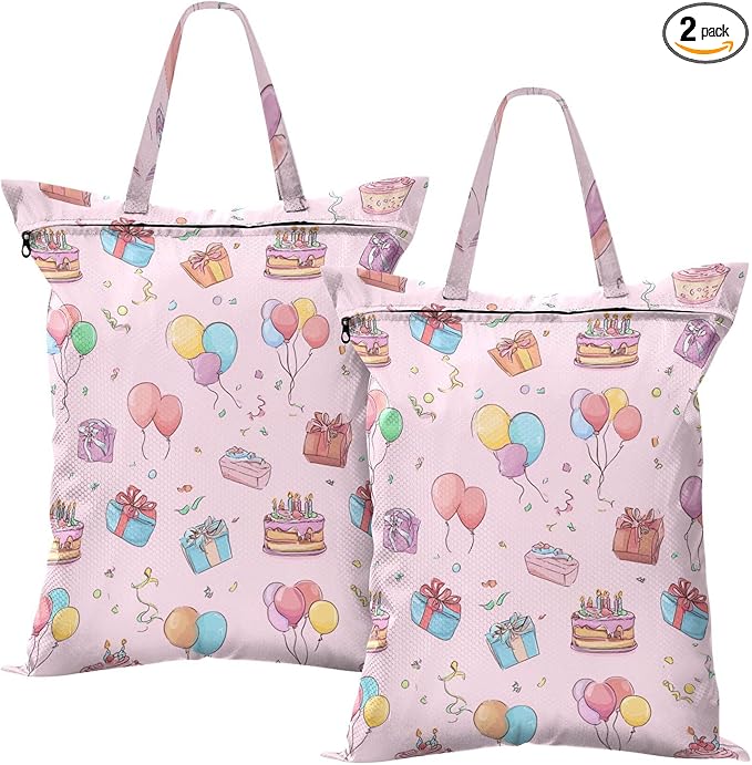 Travel Laundry Bags 2 PC Wet Dry Bag with Handle Dirty Clothes Organizer for Swimsuits Beach Camping Waterproof Washable Birthday Pink Cakes Balloons Ribbons