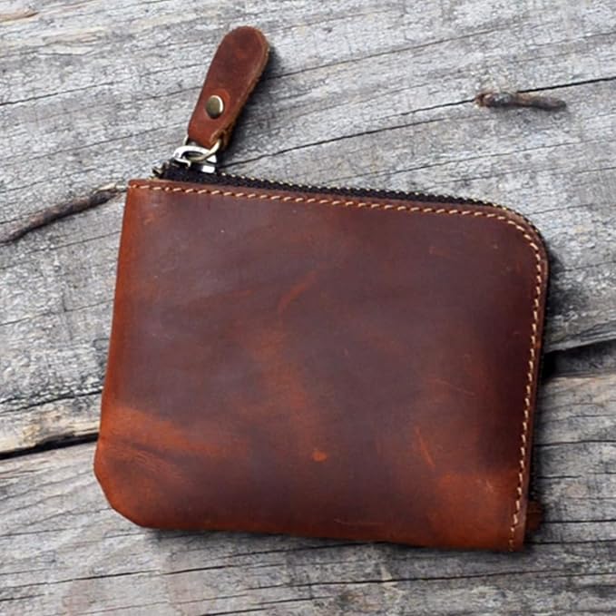 JJNUSA Genuine Leather Zipper Coin Purse Wallet With Key Car Smart Holder, Change Purse, Coin Pouch Holder For Men (Brown)