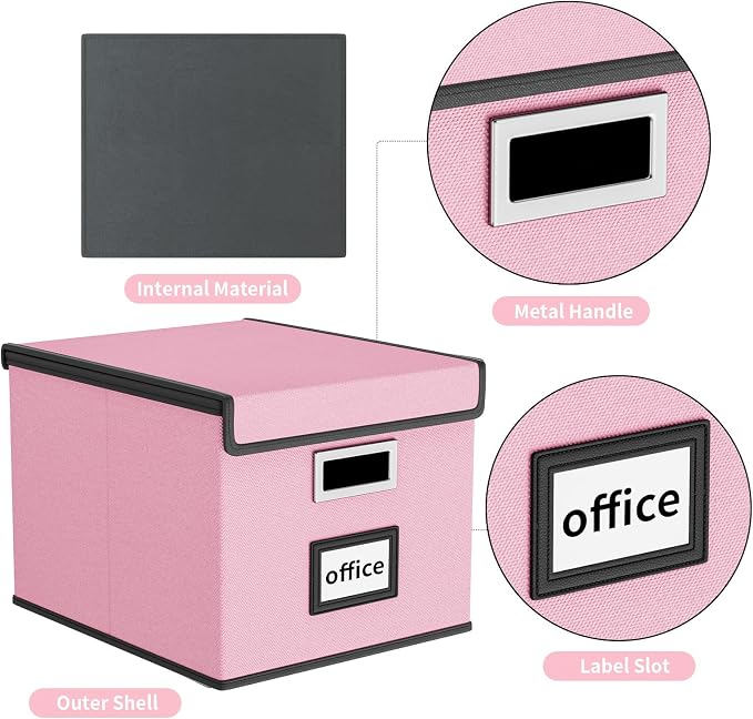 Collapsible File Storage Organizer Boxes with Lids, Linen Document Storage, Universal Hanging Filing Organization Boxes for Letter/Legal, Decorative Office/Home File Bins - Boxes Only(2 Pack)