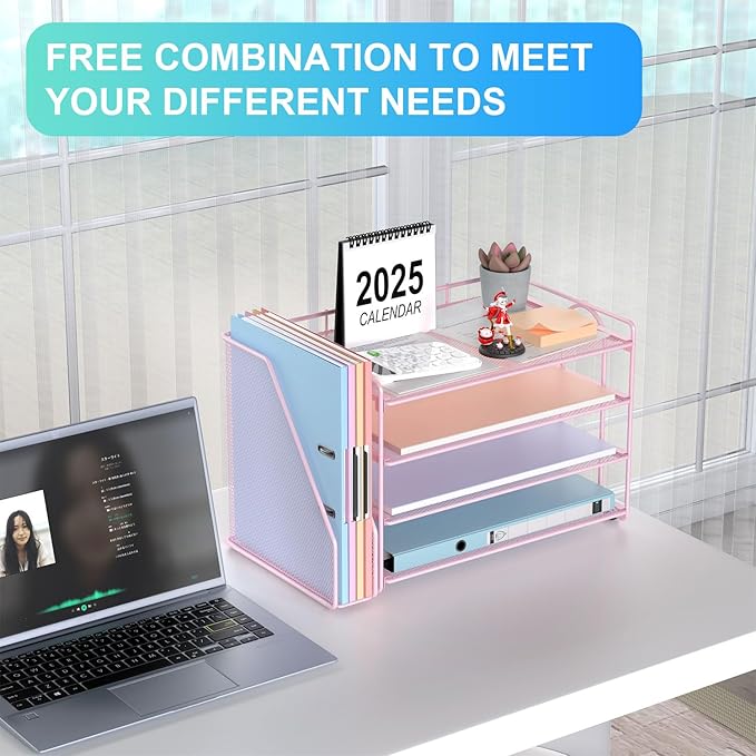 gianotter 4-Tier Paper Organizer With Magazine Holder, Desk Organizers and Accessories, Desk Accessories & Workspace Organizers, File Organizer for Office Supplies Storag (Pink, 4-Tier)
