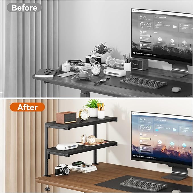 IBUYKE Clamp on Desk Shelf, 22.8” Large Desk Extender Shelves,Tool-Free Flexible Repositioning and Adjustable 2-Tier Storage Shelves for Desktop Accessories Below Desk TMZ010B