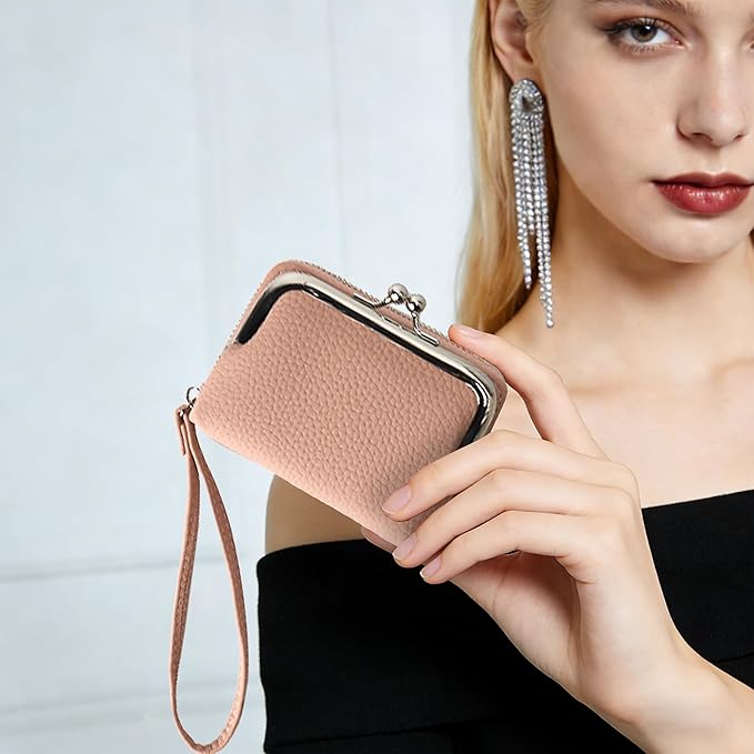 Women's Pebble Leather Wristlet Wallet, 2-in-1 Zip-Around Credit Card Holder with Kiss Lock Coin Purse, Cute Change Purse with Secure Clasp & Card Slots (Dusty Pink, Small)