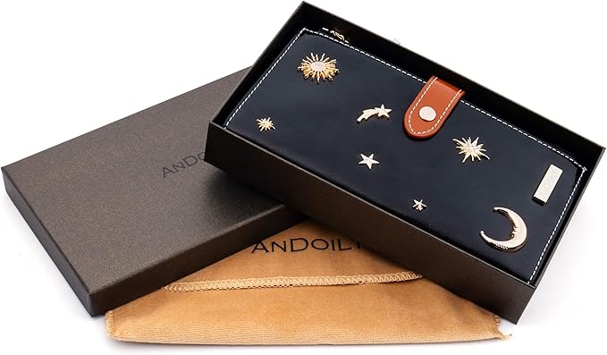 ANDOILT Women's Genuine Leather Wallet RFID Blocking Credit Card Holder Zipper Purse Cell Phone Handbag