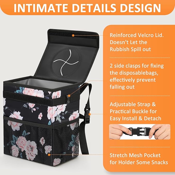 Vankor 4.2 Gallons Car Trash Can with Lid, Bag Bin Hanging Waterproof Automotive Car Garbage Cans Leak Proof Vehicle Trash Can for Truck SUV,Black Floral
