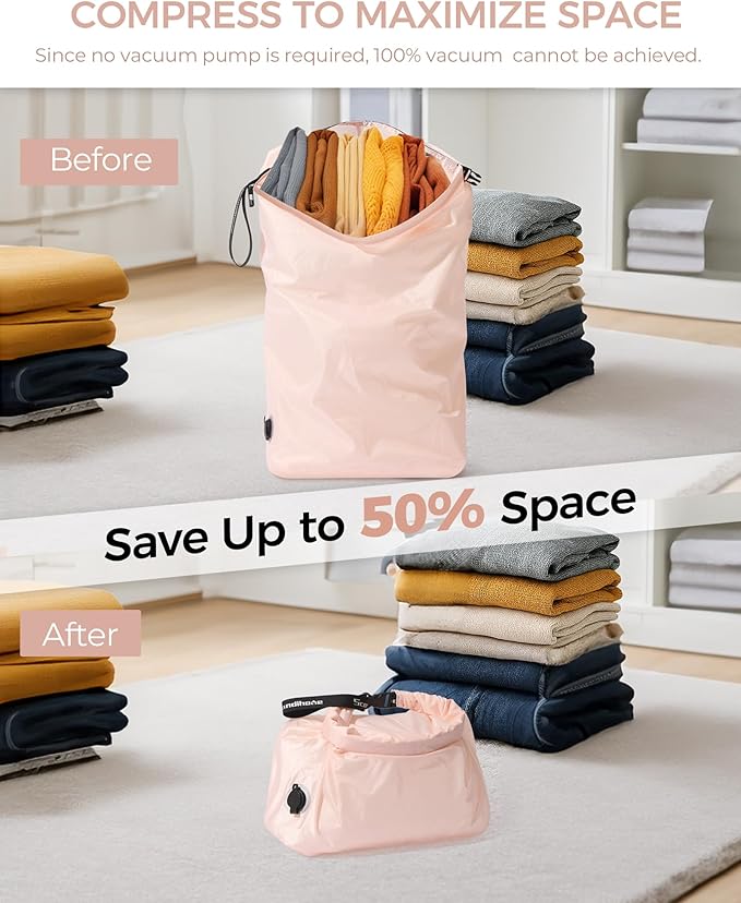 Travel Laundry Bag, Pump-Free Vacuum Compression Dirty Clothes Bag, Reusable Waterproof & Washable Laundry Bag, Wet and Dry Bag, Ideal for Suitcases, Road Trip Essentials (2 Pcs, L+L) Pink