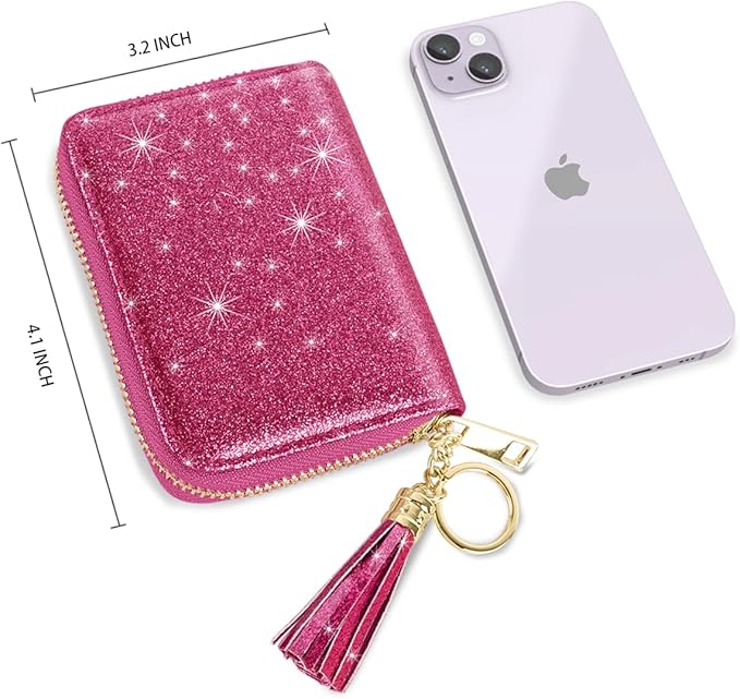 Coco Rossi Leather Credit Card Wallet for Women, RFID Blocking Zipper Cards Holder with Tassel, Rosy Glitter