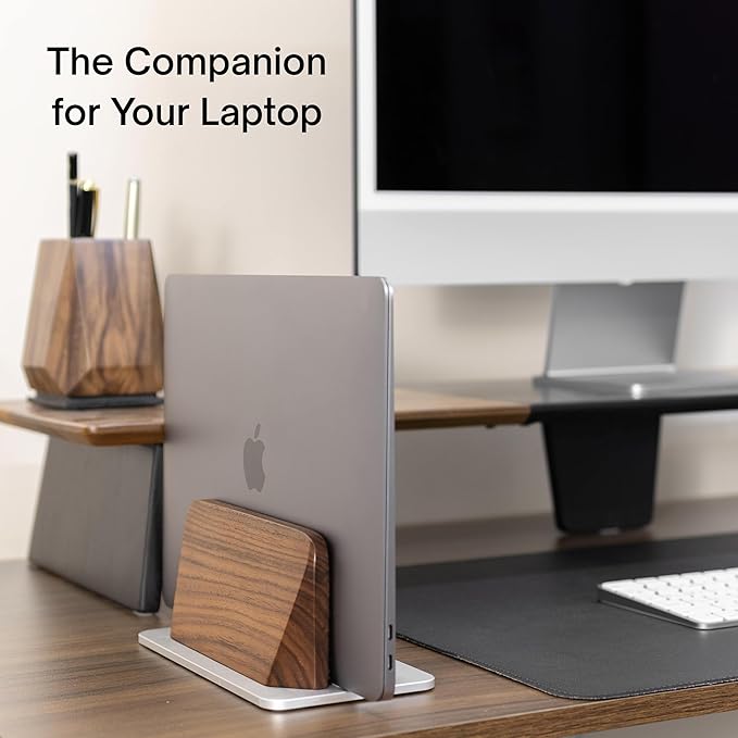 Vertical Laptop Stand, Solid Black Walnut Body & Silver Anodized Aluminum Base, Metal Laptop Holder Vertical for Desk - Adjustable Dock (0.47"-1.57" Width) Fits Most Laptops, MacBooks