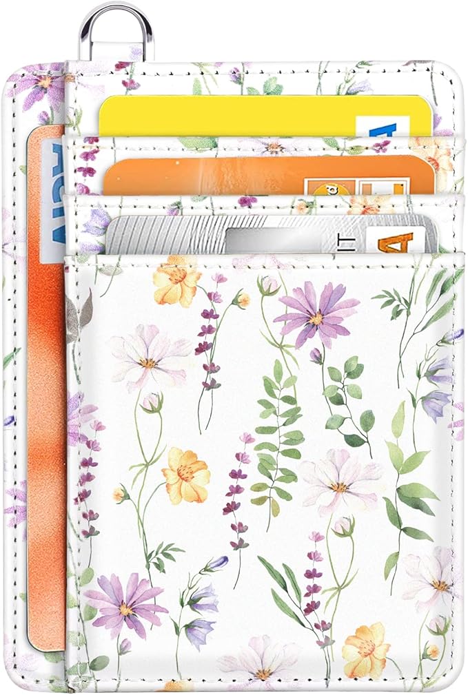 Coco Rossi Slim Front Pocket Wallet RFID ID Card Holder Cute Small Wallet with Keychian for Women,White Daisy