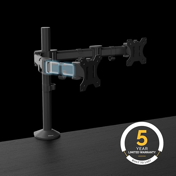 Fellowes Reflex Series Adjustable Monitor Arm for Desk, Supports 27-Inch Monitors, Ergonomic Dual Monitor Stand with VESA Mount, Easy Setup with Grommet or Clamp, 8502601-Black