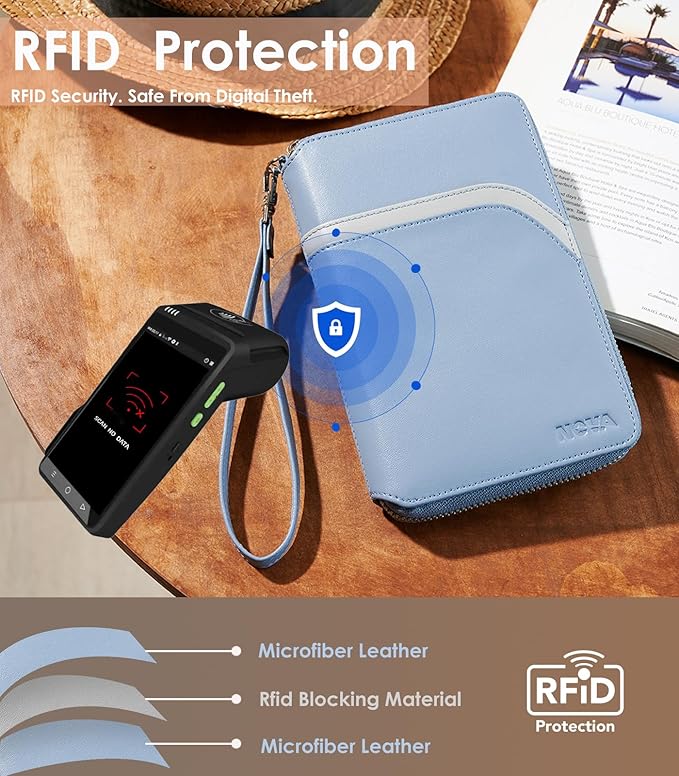 Nova RFID Blocking Passport Holder w/Hidden AirTag Trackable Card, Women Passport Wallet For Travel, Large Organzier For 2 Passports,Cash w/zipper & Wrist Lanyard（Blue）