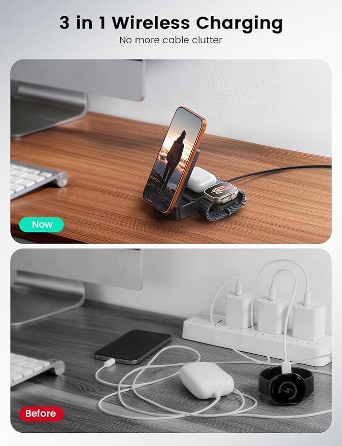 Lamicall Qi2 Certified Foldable 3 in 1 Wireless Charging Station - [15W Fast Charge & Upgraded Cooling] Compact Travel Magnetic Charger Stand for iPhone 17e 17 16 15 14 13, AirPods Pro, Apple Watch