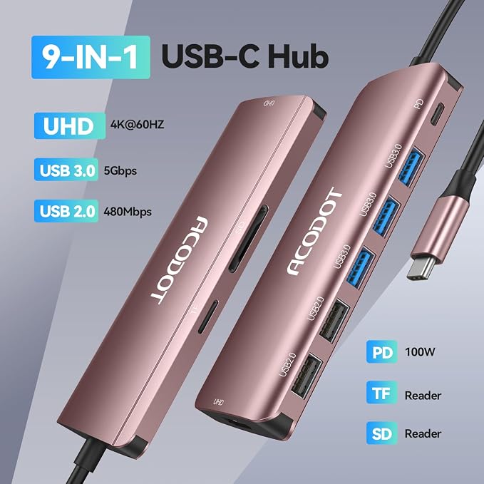Acodot 9 in 1 USB C to 4K@60HZ HDMI Multiport Adapter, 3 USB 3.0 Ports, SD/TF Card Reader, 100W PD, Designed for MacBook Pro Air HP XPS etc, Rose Gold