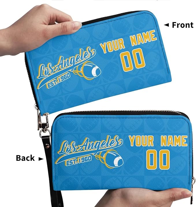 Custom Sports Team Zip Organizer Wallet-Personalized PU Leather Wallet with Name Number,Multi-Card Slots,Wrist Strap,Fan Gift for Men Women.