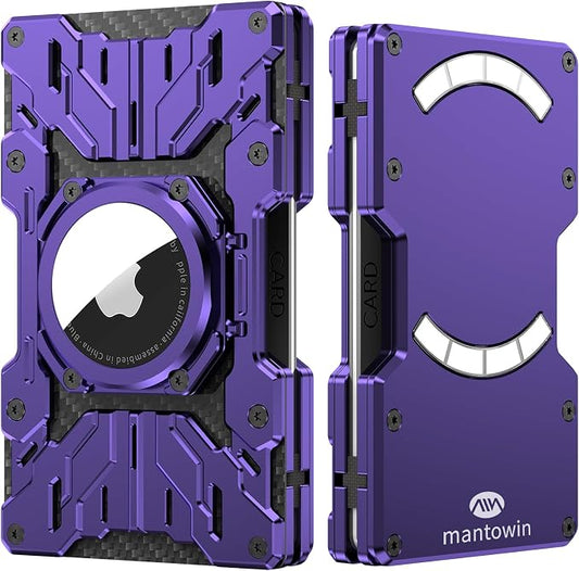 Minimalist Mens Wallet RFID Blocking - Slim Metal Wallet With Airtag Holder - Compact Credit Card Holder Mini Size, Metal, Carbon Fiber (Purple)