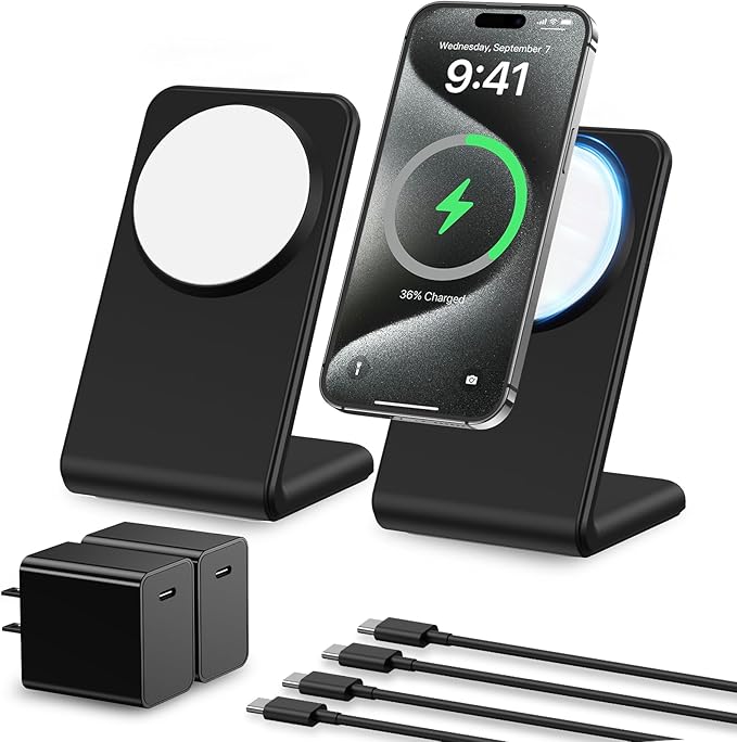 2 Pack Meifigno for MagSafe-Compatible Charger Stand with [20W USB C Charger Block & USB C Cable x2], Fast Charging Wireless Charger for iPhone 15 Pro Max/15 Pro/14 13 12 Series, AirPods 3/Pro, Black