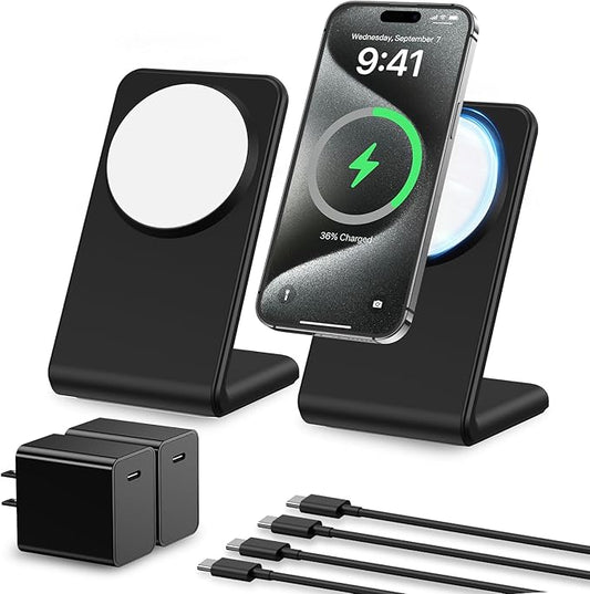 2 Pack Meifigno for MagSafe-Compatible Charger Stand with [20W USB C Charger Block & USB C Cable x2], Fast Charging Wireless Charger for iPhone 15 Pro Max/15 Pro/14 13 12 Series, AirPods 3/Pro, Black