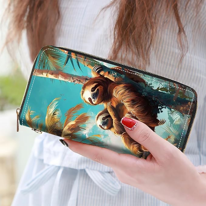 Women's Large Capacity Wallet PU Leather Zip Around Clutch Purse Multifunctional Wallet with Removable Wristlet Strap for Smart Phone/Coin/Card/Cash, Sloth