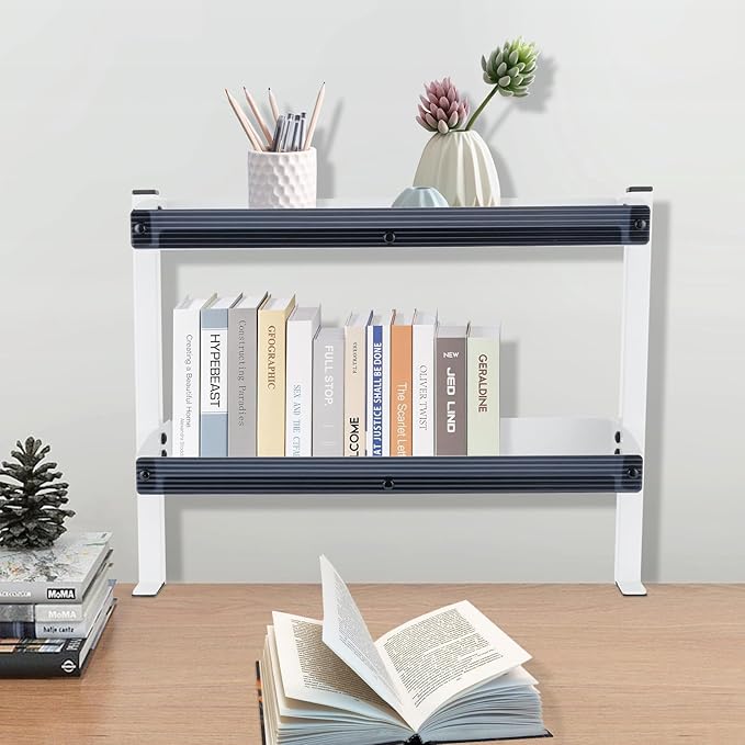 Clamp-on Desk Shelf, Desktop or Under-Desk 2-Tier Shelving Unit with Adjustable Metal Storage Tray, Clip-on Desk Shelf Office Organization (White)