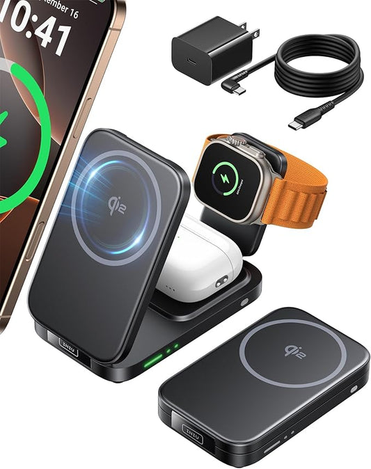 INIU 3-in-1 Charging Station for Apple Device, Qi2 Certified 15W Fast Magnetic Wireless Charger Dock, Travel Charging Compatible with Mag-Safe for iPhone 17 16 15 14 13 12 Series, Apple Watch &AirPods