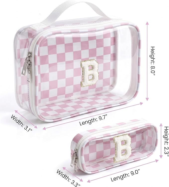 Preppy Clear Makeup Bag Set for Women-Monogram Personalized Checkered Initial Makeup Bags Cosmetic Pouch Make Up Case for Women Best Friend Friendship Teacher Birthday Gifts for Women(B, Pink&Beige)
