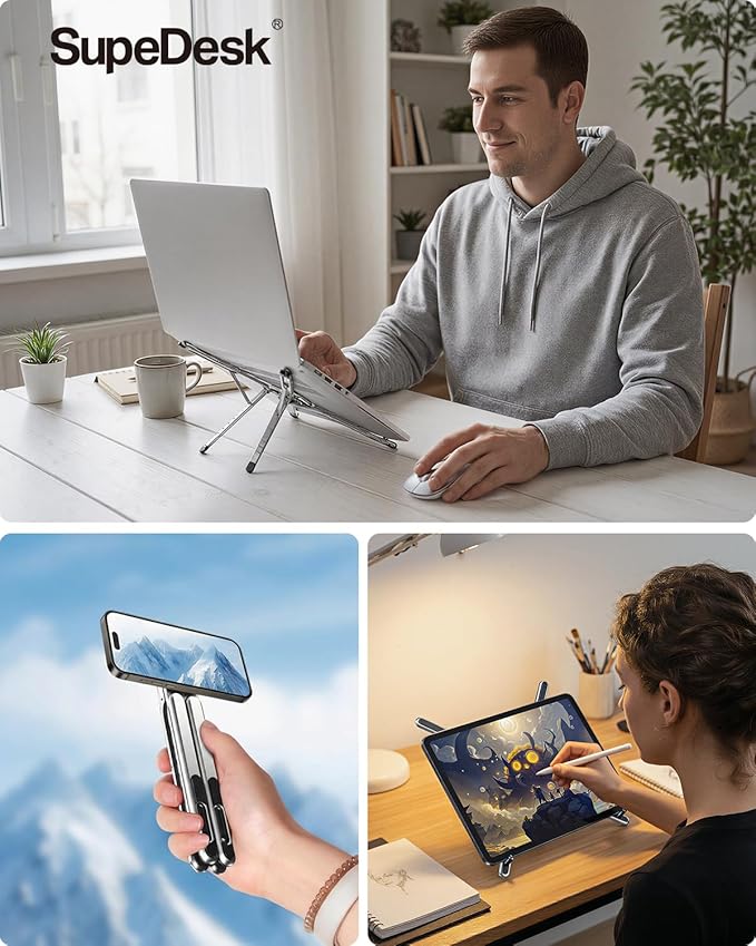 SupeDesk Adjustable Laptop Stand, 3-in-1 Magnetic Foldable Stand for Laptop, Tablet & Phone, Portable Aluminum Laptop Riser with Multi-Angle Support for Desk, Home & Travel