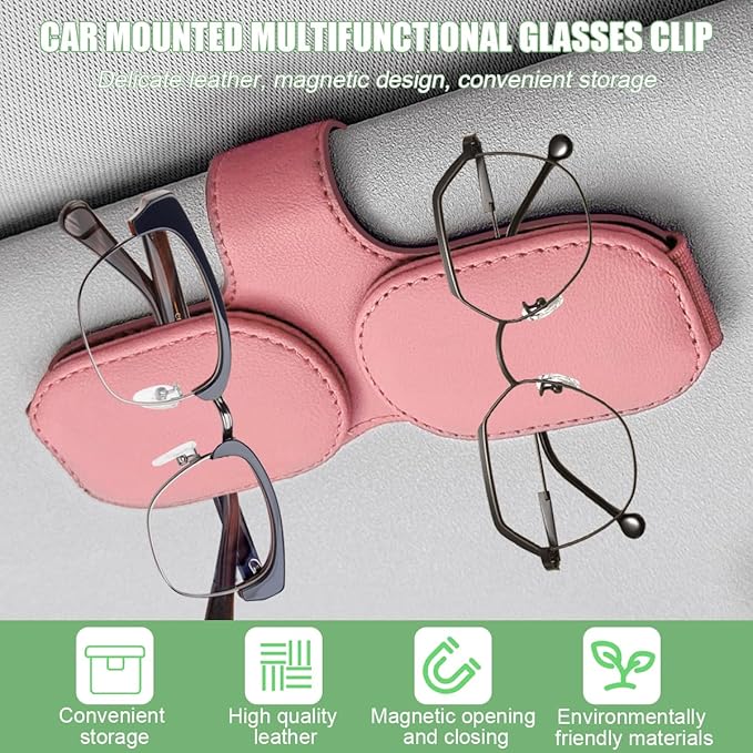 Sunglasses Holders for Car Visor, Magnetic Leather Vehicle Glasses Hanger with 2 Clips, Auto Interior Eyeglass Mount Organizer Accessories, Universal Fit(Pink)