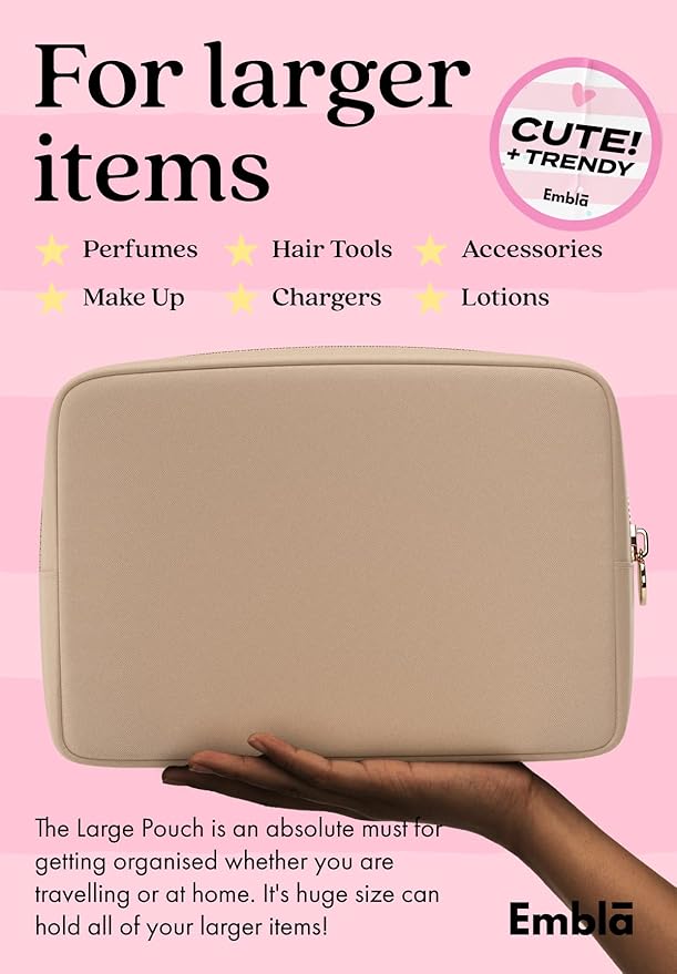 Embla Large Makeup Bag and Waterproof Nylon Travel Toiletry Bag, Large Capacity Cosmetic Zipper Pouch, Beige