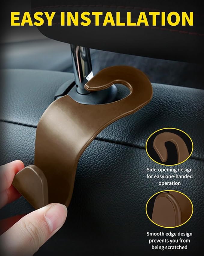 8 Pack Car Seat Headrest Hooks with 44 Pounds Load Capacity, Hangers Storage Organizer Universal Car Interior Accessories for Handbags Water Bottles Purse Coats Umbrellas, Khaki