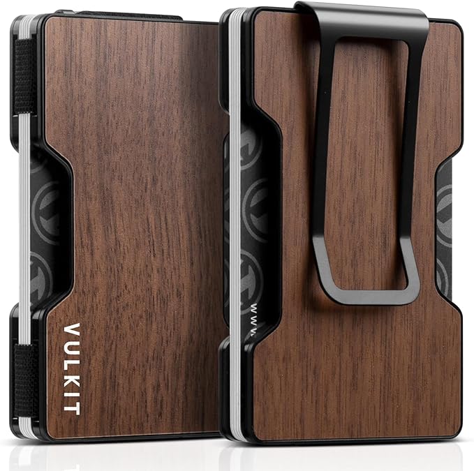 VULKIT Men's Metal Wallet with Money Clip Slim Credit Card Holder, Minimalist Business Card Case Front Pocket Wallet for Men(Wood)