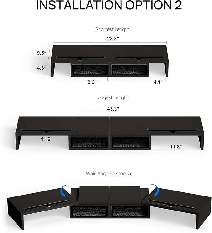 ZIFTY Dual Monitor Stand Riser with 2 Drawer and Smartphone Holder Wooden Desk Organizer, Adjustable Length & Angle Workspace Organizers for 3 Monitors Laptop Printer Computer, Black