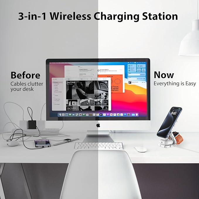 KU XIU X55 Nature Series Fast Magnetic Wireless Charger, Foldable 3 in 1 Charging Station for Apple, Mag-Safe Travel Charger Stand for iPhone 17 16 15 14 13 Series, Apple Watch & AirPods-Marble White