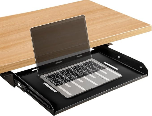 Under Desk Laptop Drawer with Air Vents, 16.3" x 12" Metal Pull Out Sliding Track, Under-Desktop Storage for Laptop & Accessories