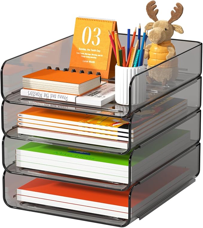 FANXIYQ 4-Tier Acrylic Paper Tray Organizer, Smoked Brown Stackable Desk File Organizer for Documents, Files, Letters, A4 Paper, Books, Notes, Mail & Paper Storage, Office Classroom Home