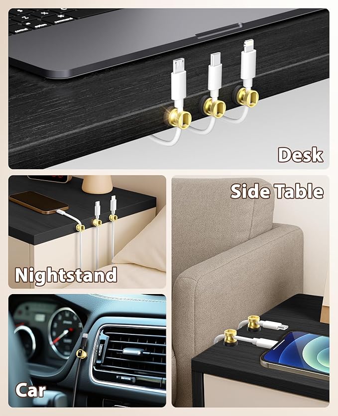 Viaky Magnetic Cord Holder,Gold Magnetic Cable Clip,Metal Cord Holder for Nightstand,Magnetic Cable Management Stainless Steel Magnetic Cord Organizer for Bedside Table Car Office Desk(3 Pack)